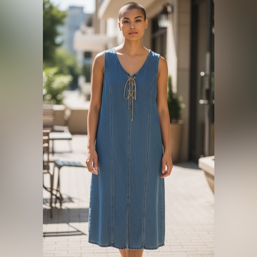 Vintage 90s Bohemian‎ Denim Dress Maxi Midi Suede Tie Up 1X